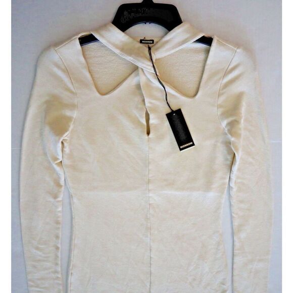 Monrow Women's Sz S Beige/Cream Twisty Neck Cutout Detail L/S Mini Dress - Picture 7 of 7